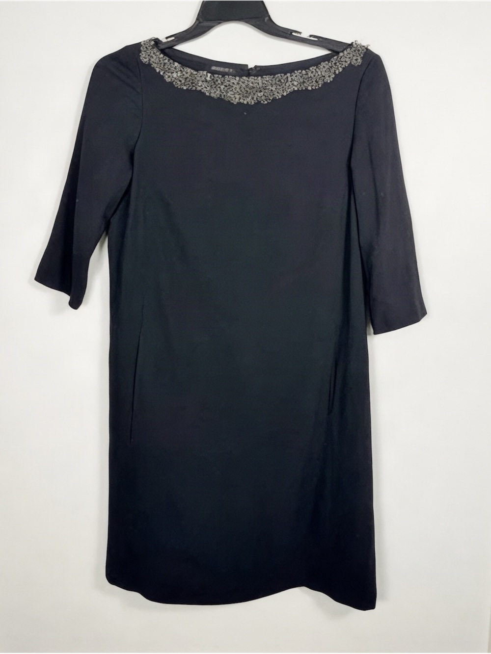 LAFAYETTE 148 NY Beaded Rhinestone Virgin Wool Black Pocketed Shift Dress Sz 10